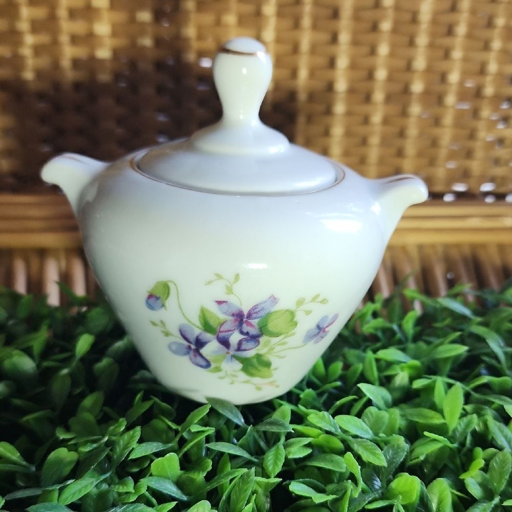 Vintage Small Sugar Bowl with Violets & Gold Tone Accents made In Japan Coquette